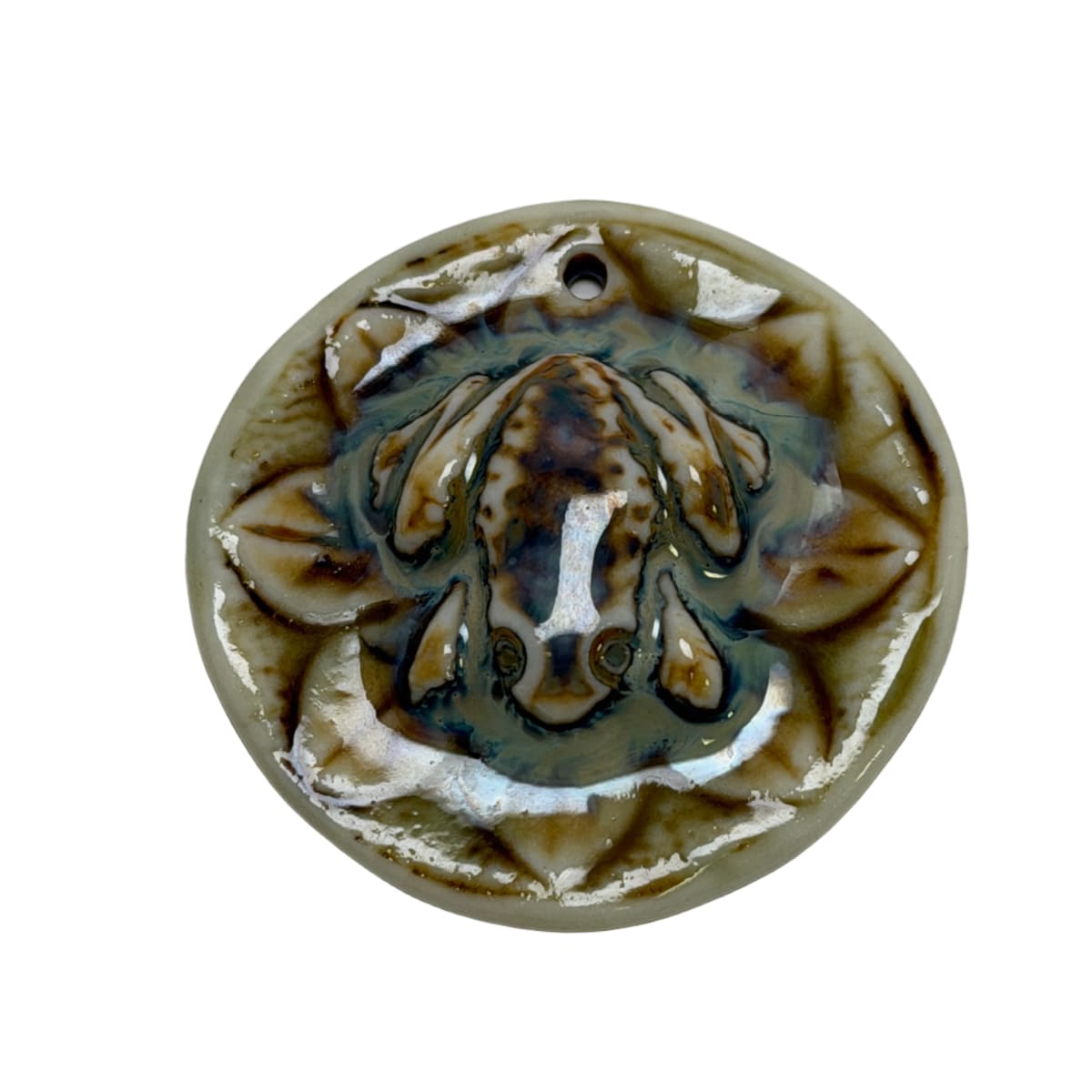 Ceramic Frog Carved Porcelain Pendant - 45mm Green Brown Focal Charm