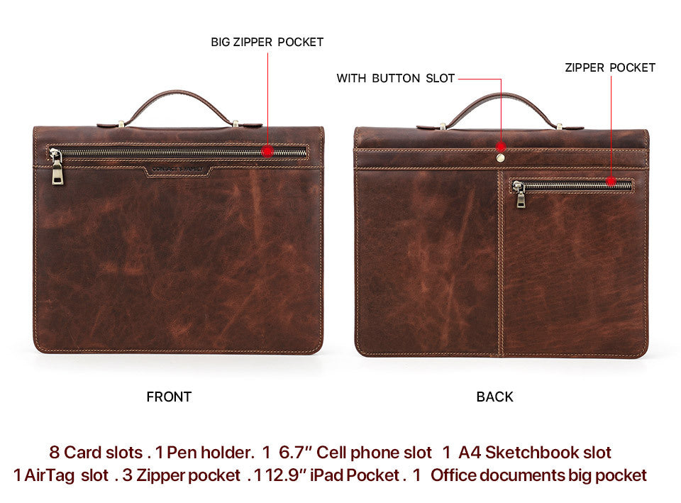 Handmade Genuine Leather Case, AirTag Compartment, Handheld Multi-Functional iPad Cover