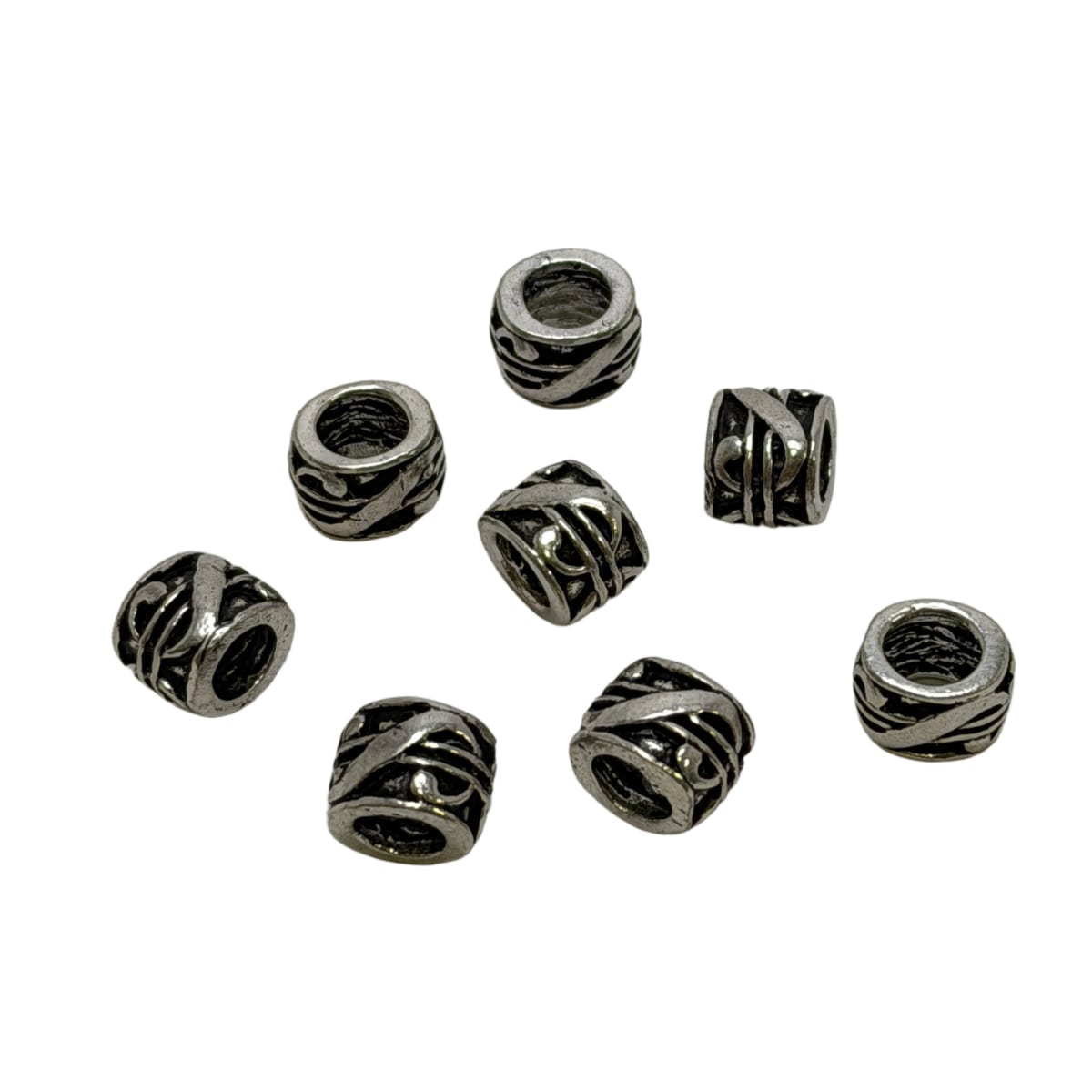 Sterling Silver Large Hole Barrel Bead with Abstract Pattern - 10mm x 8mm