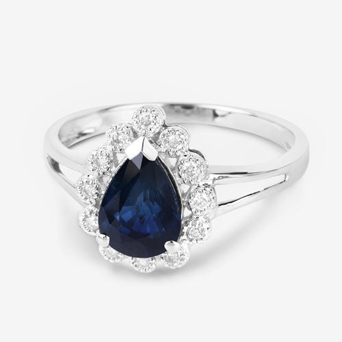 1.46 Carat Genuine Blue Sapphire and White Diamond 14K White Gold Ring