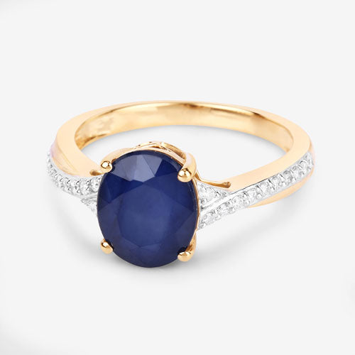 3.28 Carat Genuine Blue Sapphire and White Diamond 14K Yellow Gold Ring
