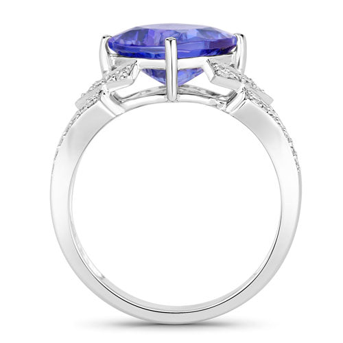 3.43 Carat Genuine Tanzanite and White Diamond 14K White Gold Ring