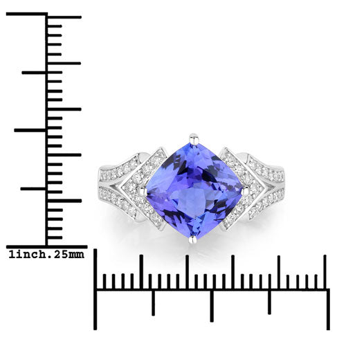 3.43 Carat Genuine Tanzanite and White Diamond 14K White Gold Ring
