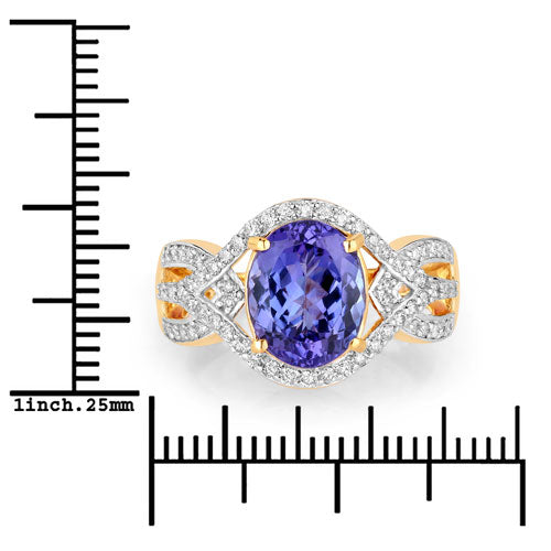 3.56 Carat Genuine Tanzanite and White Diamond 14K Yellow Gold Ring