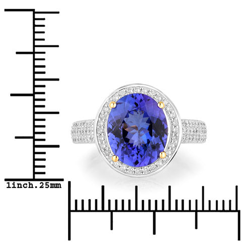 4.02 Carat Genuine Tanzanite and White Diamond 14K Yellow Gold Ring