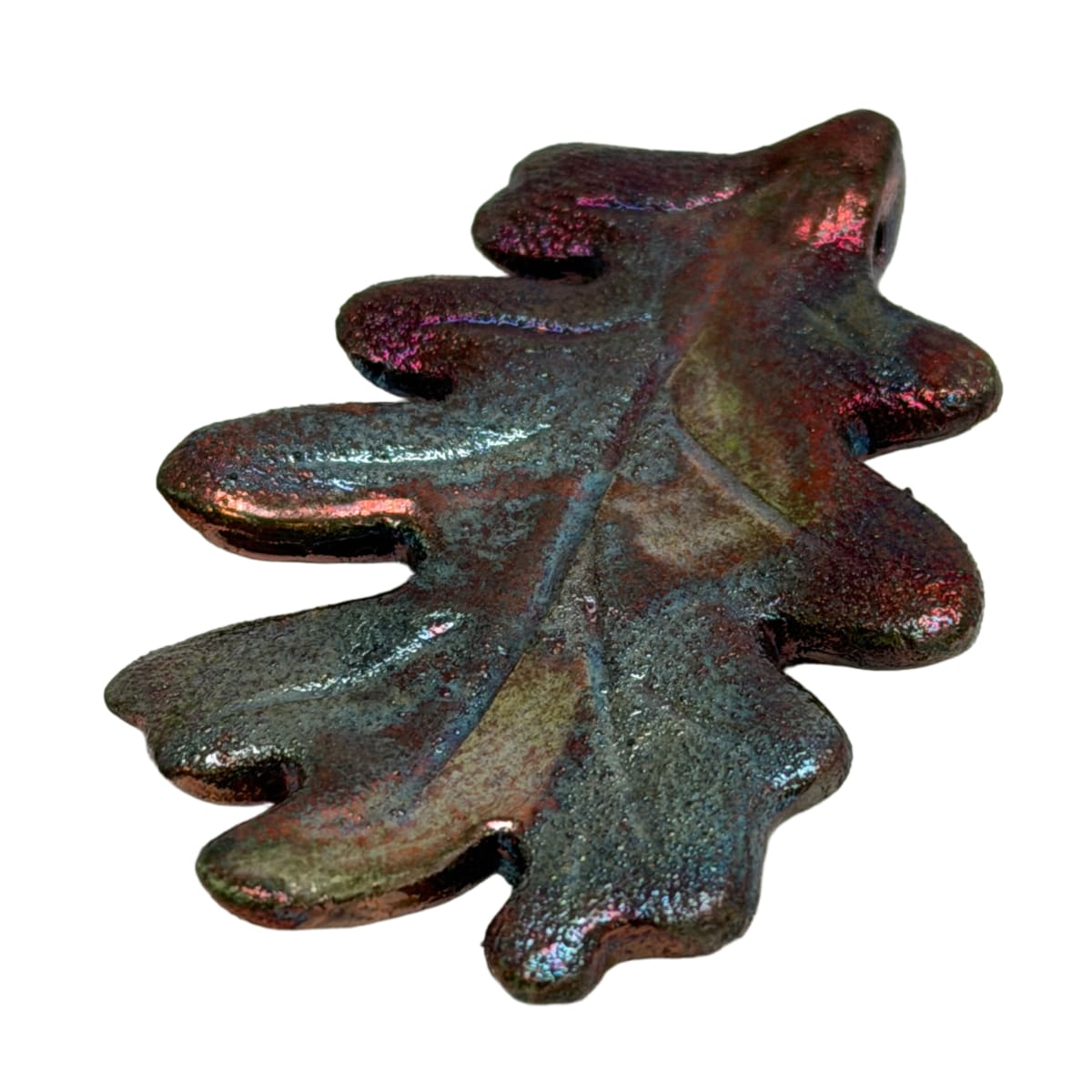 Raku Glazed Ceramic Oak Leaf Pendant - Iridescent Copper Pink Blue 54mm
