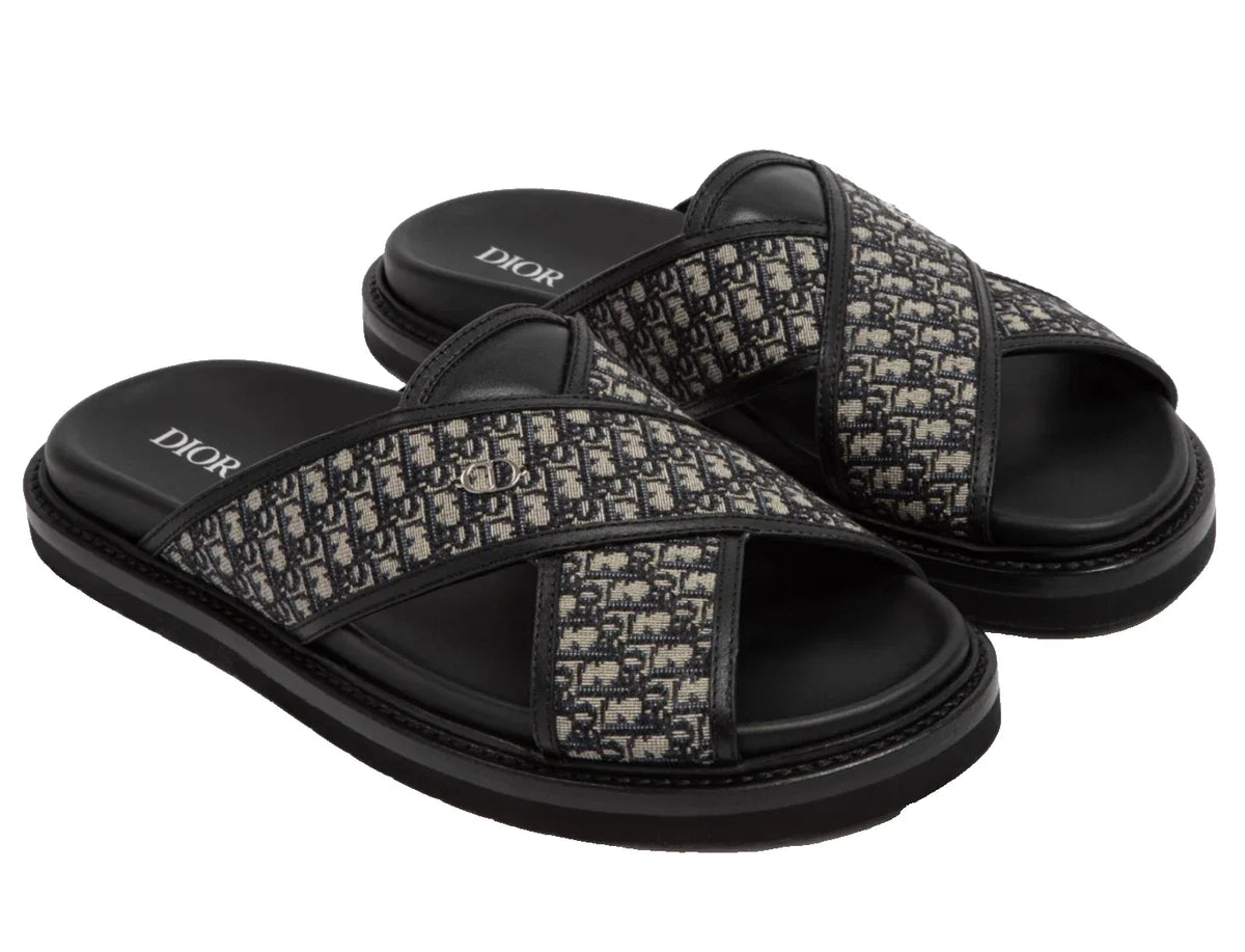 Dior Mens Aqua Sandal Beige Black Blue Oblique Jacquard Logo Slide Slip On