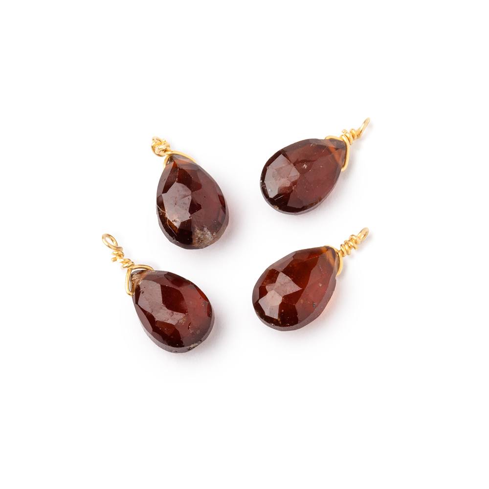 Set of 4 Vermeil Wire Wrapped 9x6mm Hessonite Garnet Faceted Pear Focals