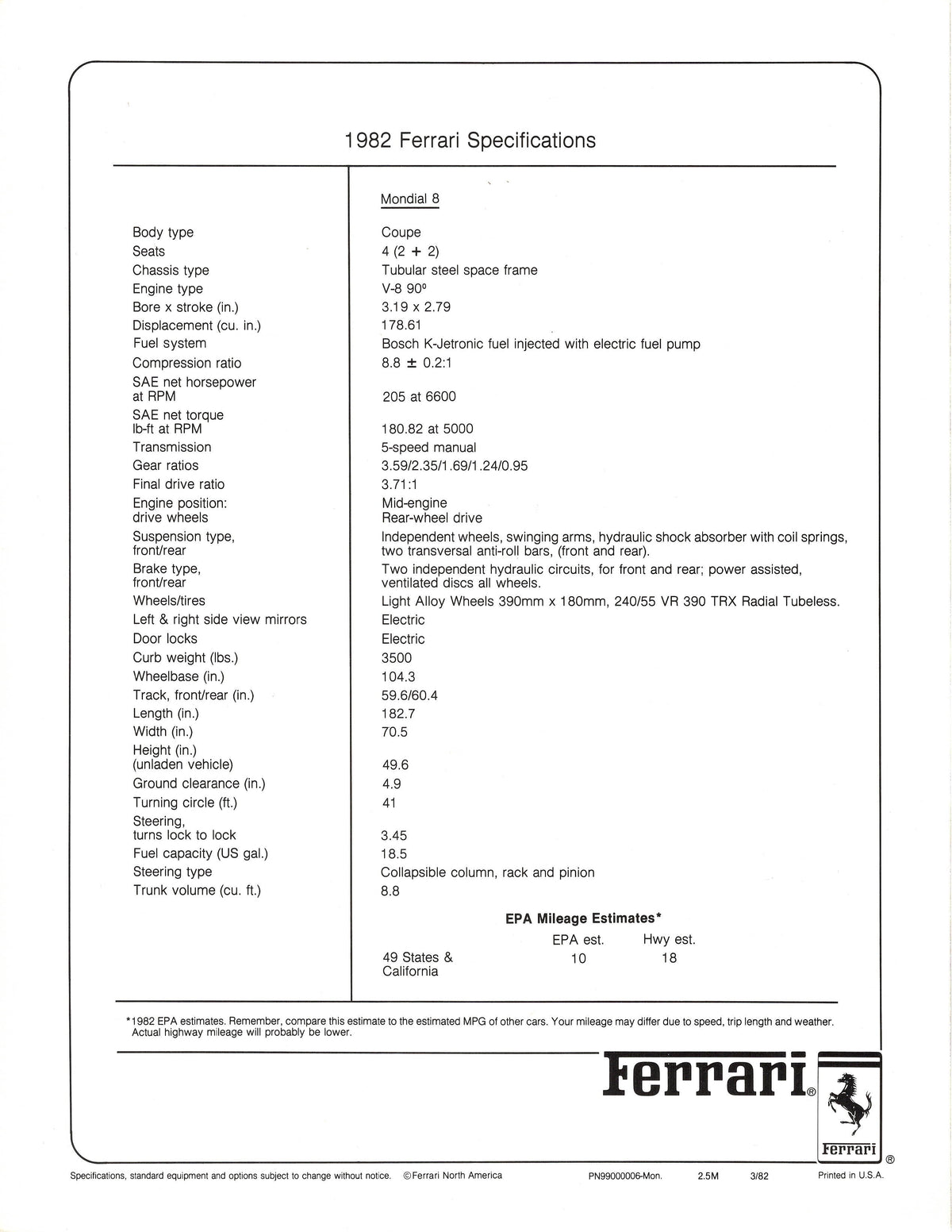 Ferrari Mondial 8 Specifications Brochure (3/82)