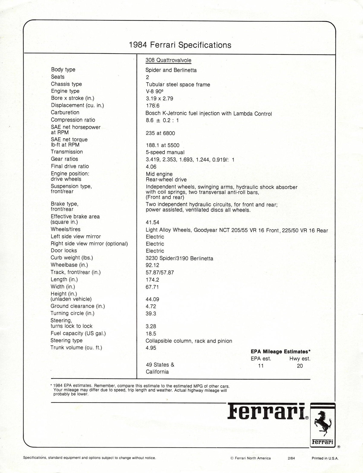 Ferrari 308 QV Brochure