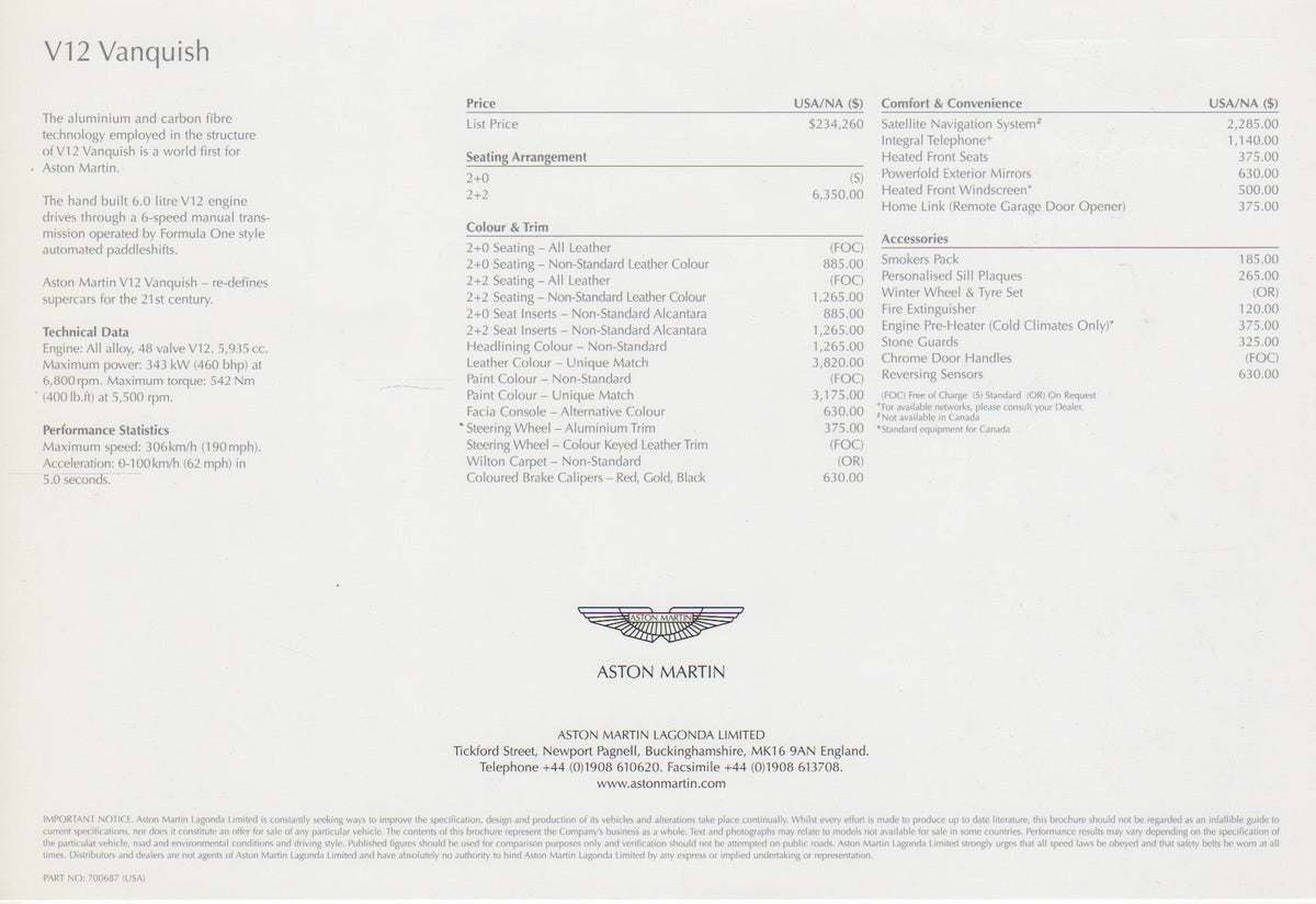 Aston Martin Vanquish 2001-2007 Brochure