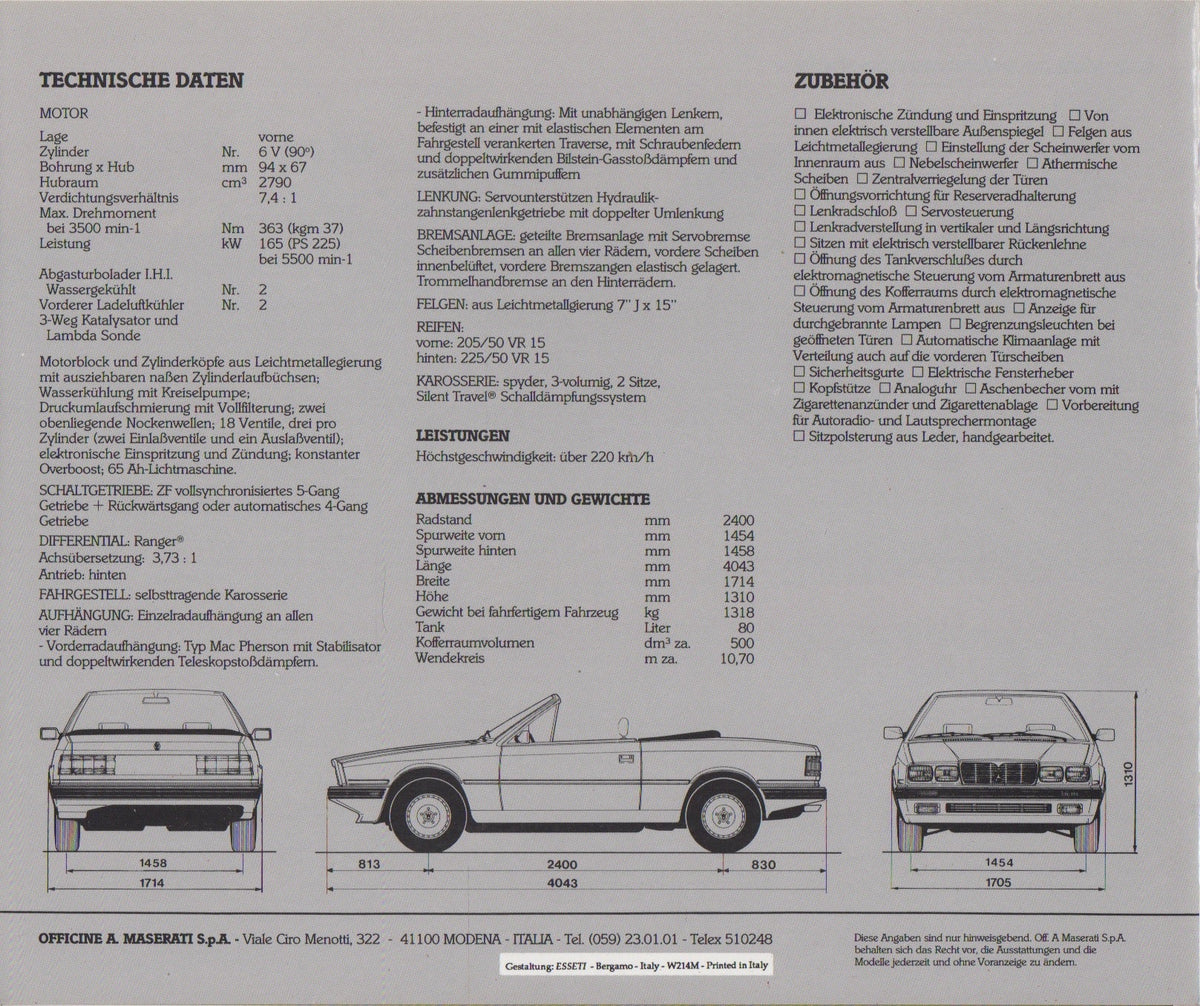 Maserati Spyder E 2.8i Biturbo 1989-91 Brochure (W214M)(D)