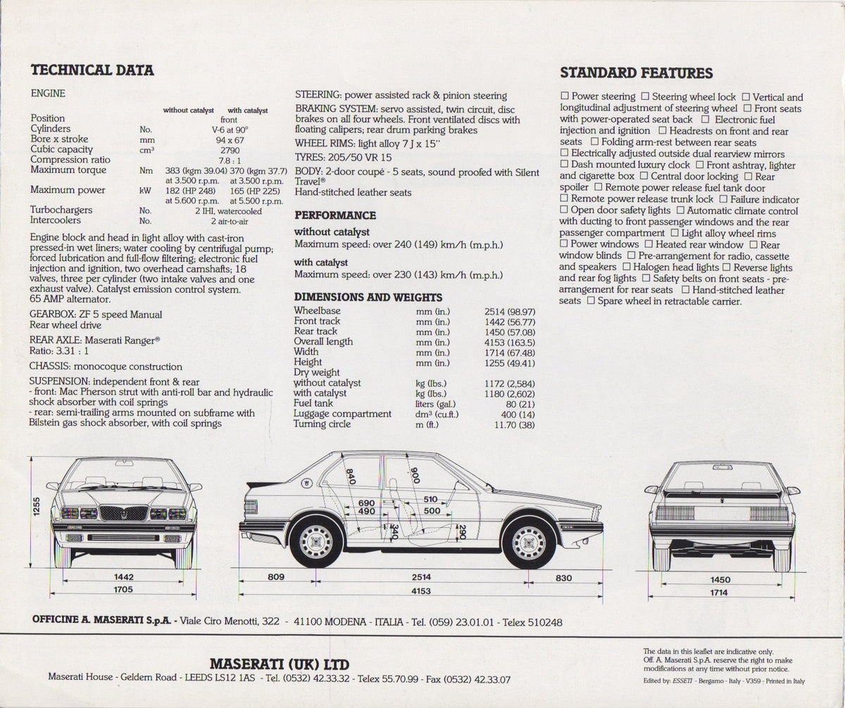 Maserati 222 E 2.8i Biturbo 1988-90 Brochure (V359)