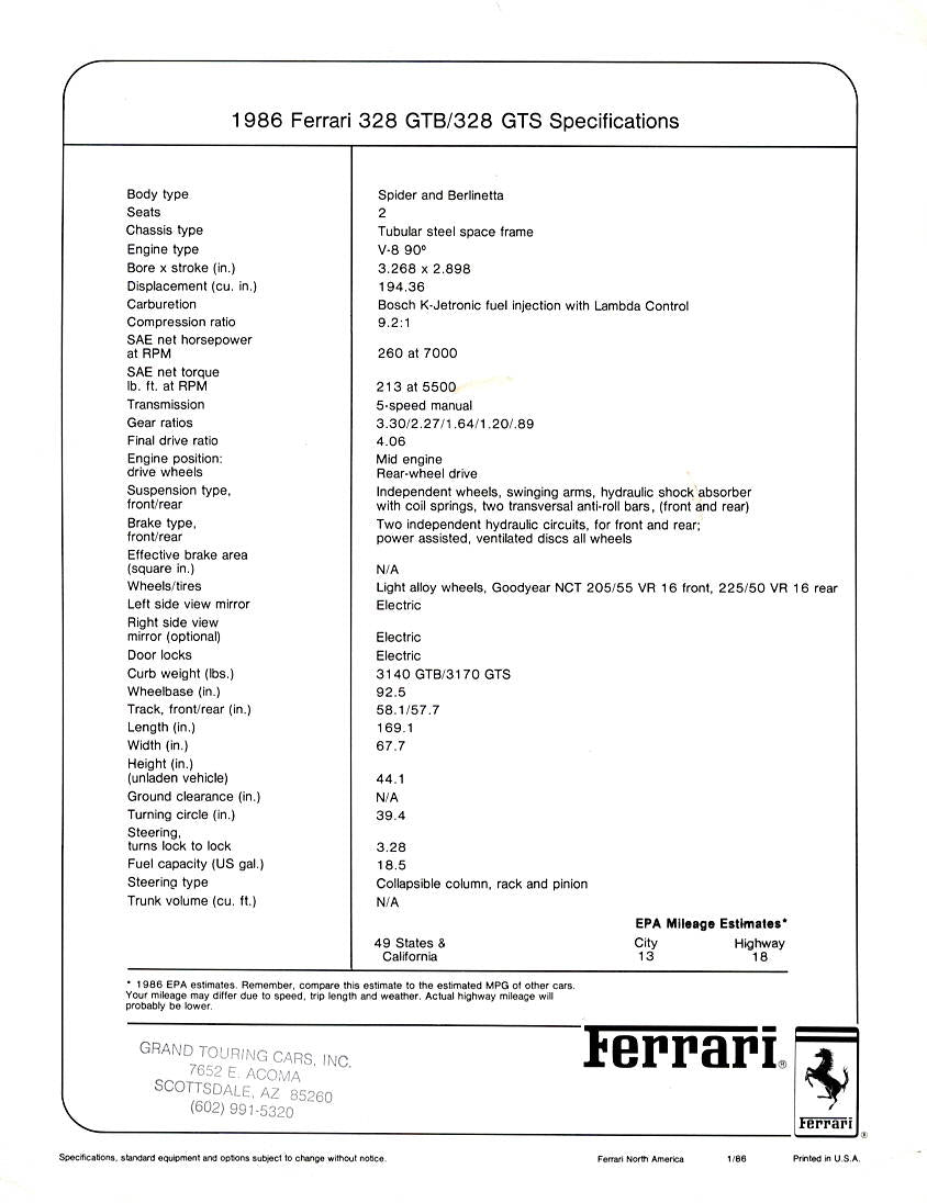 Ferrari 328 GTB/GTS 1986 Specifications Brochure (1/86)
