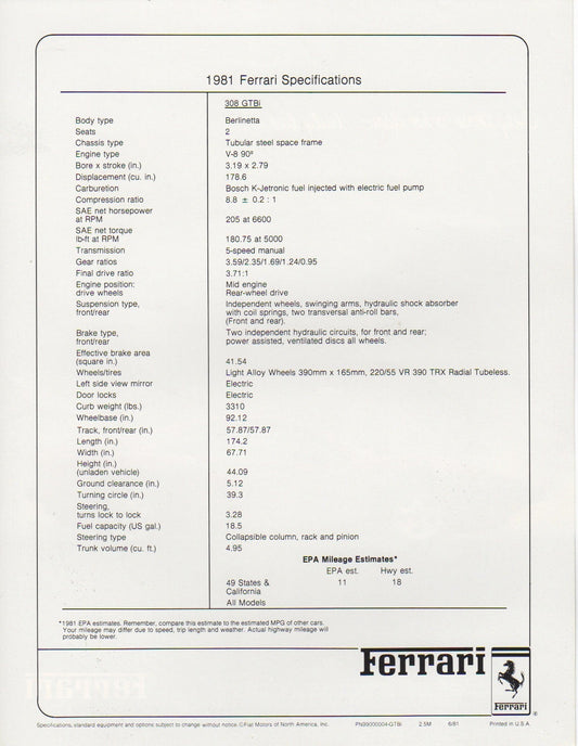 Ferrari 308 GTBi Specifications Brochure