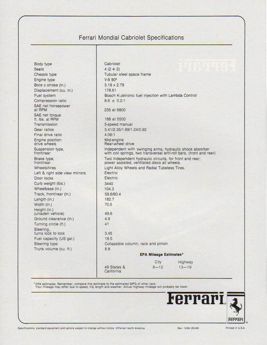 Ferrari Mondial Cabriolet Specifications Brochure