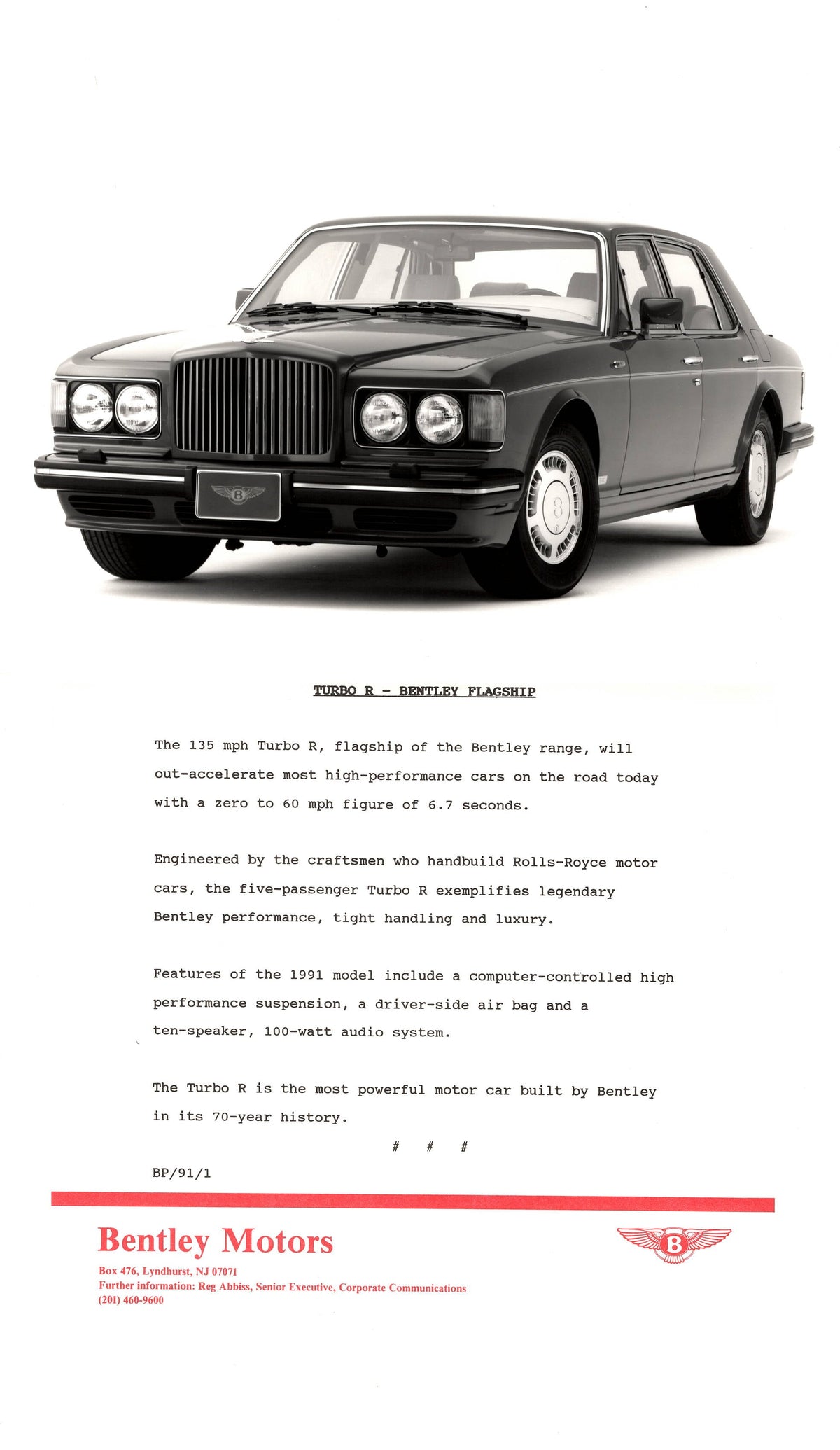 Bentley Eight, Turbo R, Mulsanne S, Continental - Press Kit