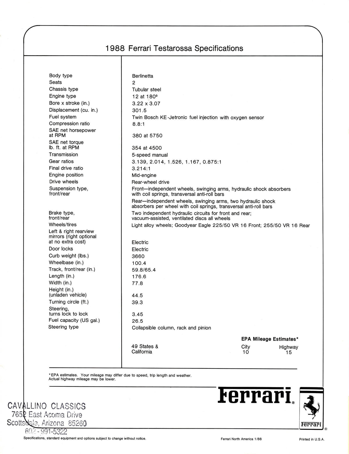 Ferrari Testarossa Specifications Brochure - North America 1/88
