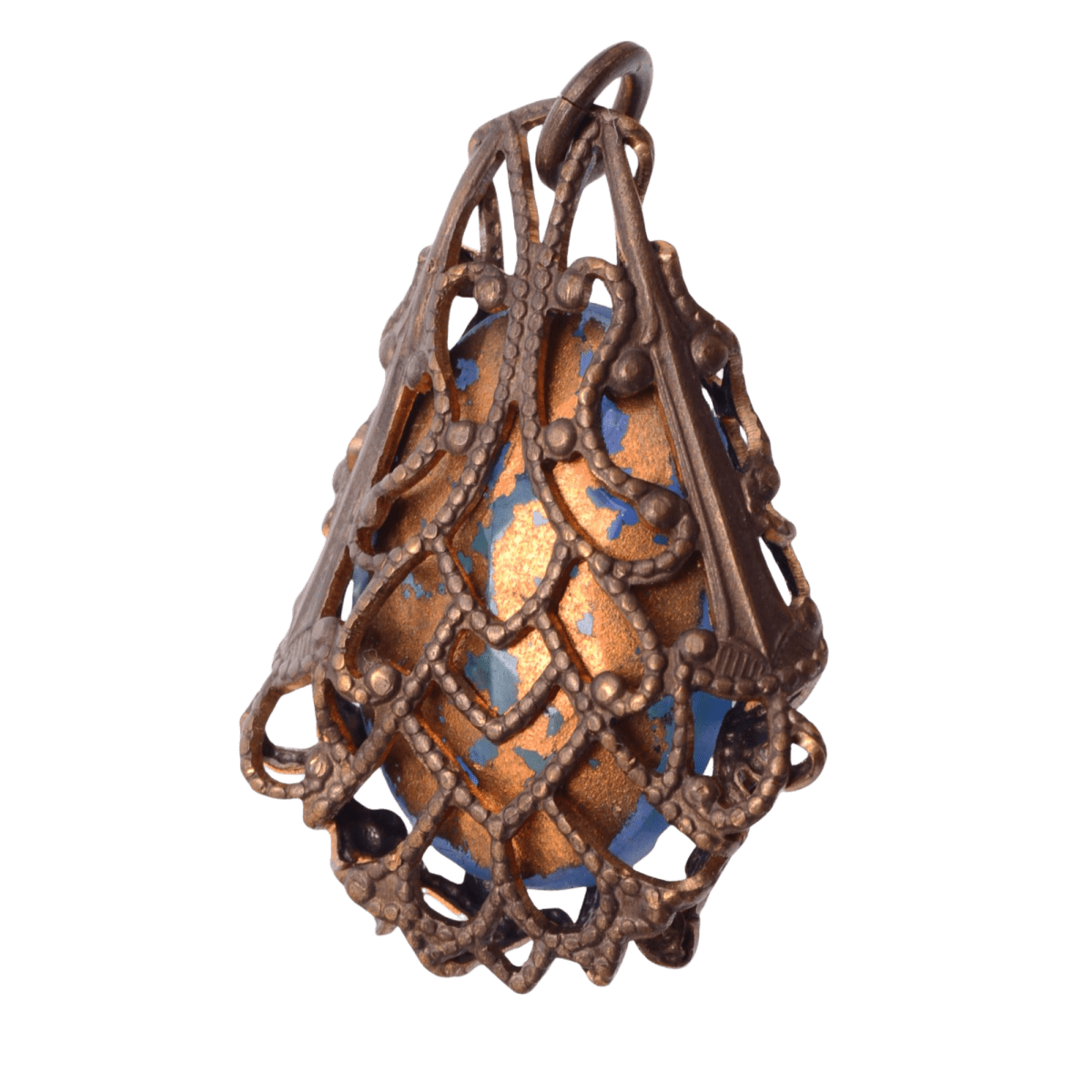 Vintage Style Blue Molded Glass Stone in Ornate Antique Copper Filigree Setting - 18x27mm Pendant