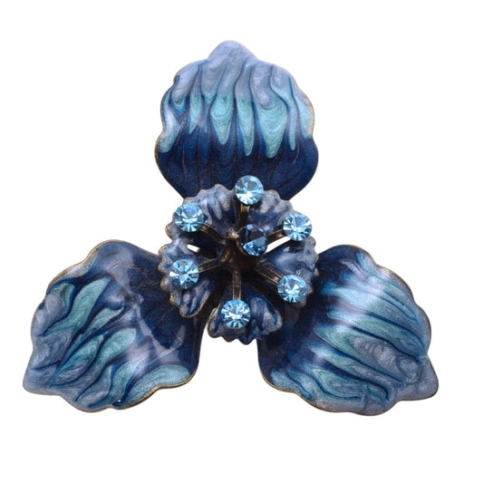 Vintage Blue Enamel Floral Brooch with Light Blue Rhinestones - 13x42mm Antique Glass Pin