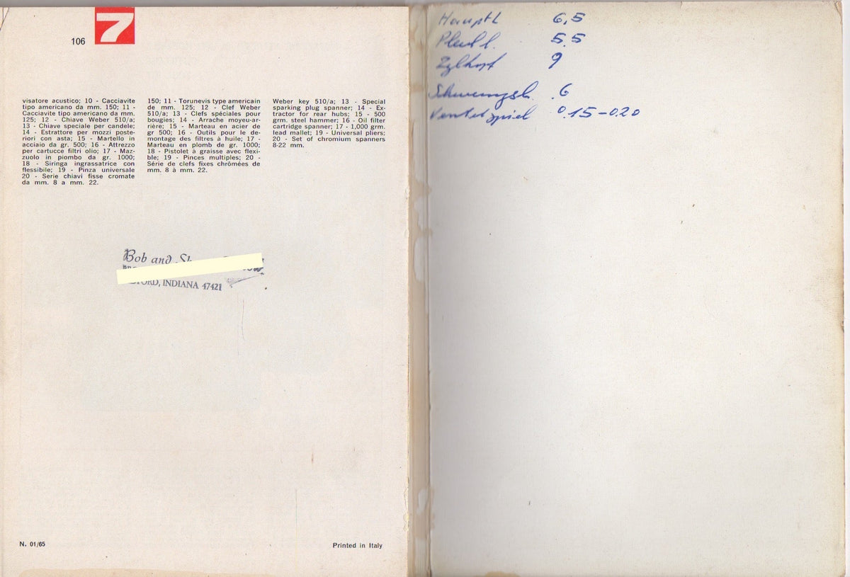 Ferrari 275 GTB/GTS Operating, Service, Maintenance Handbook (1/65)