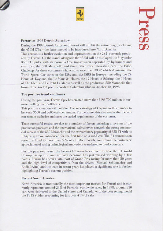Ferrari Press Kit 1999 NAIAS Detroit (Dmg)
