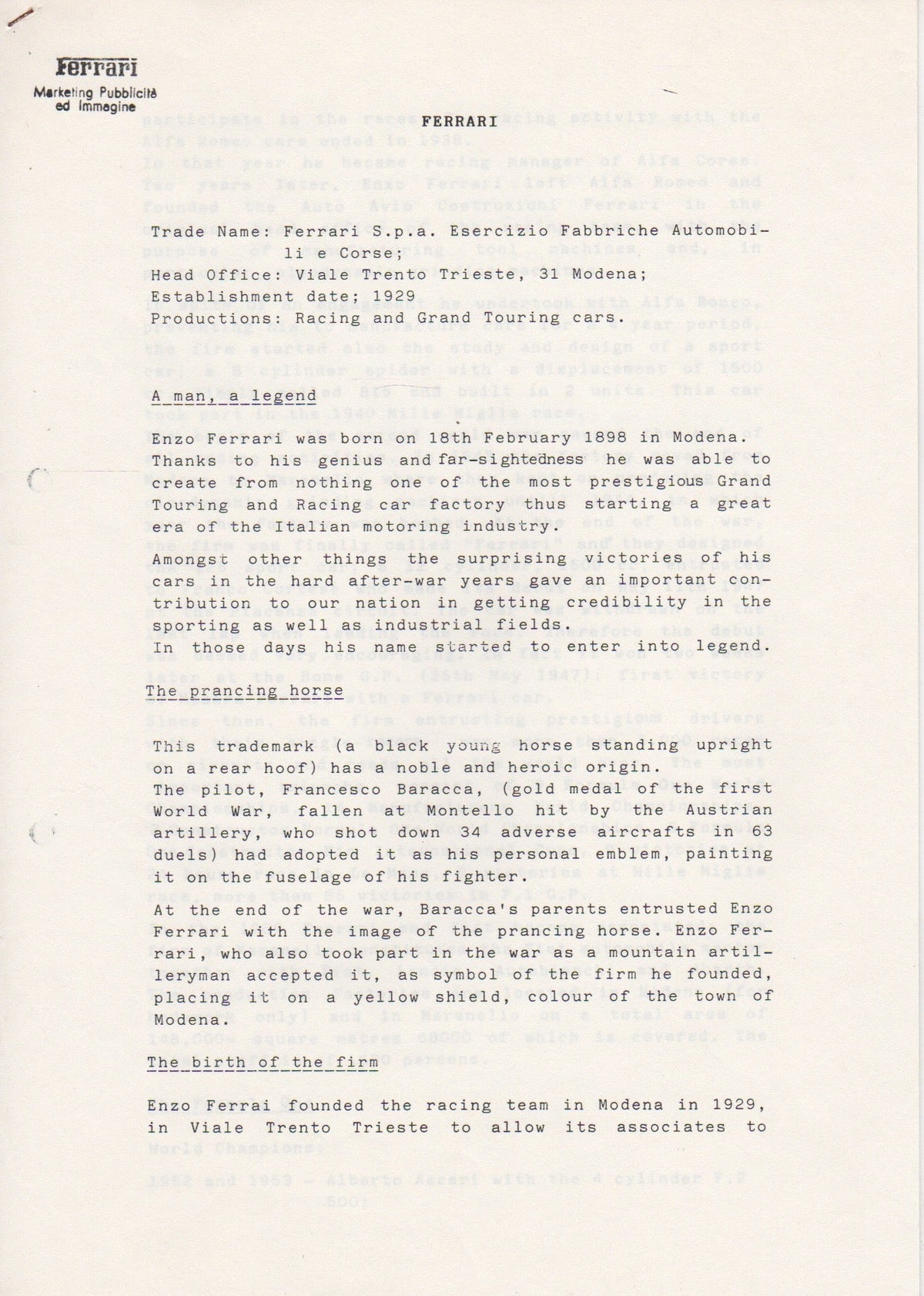 Ferrari Press Release 1983/1984