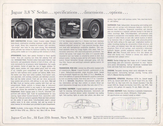 Jaguar 3.8 "S" Sedan Brochure 1965 (single sheet)