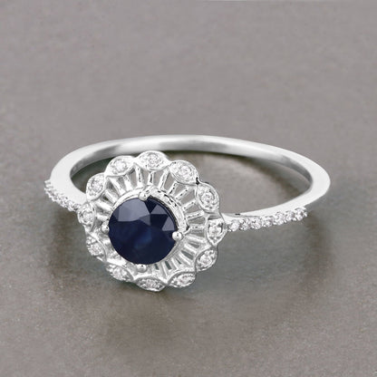 0.72 Carat Genuine Blue Sapphire and White Diamond 14K White Gold Ring