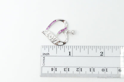 Vintage Open Heart Pink Cubic Zirconia Sterling Silver Necklace Pendant