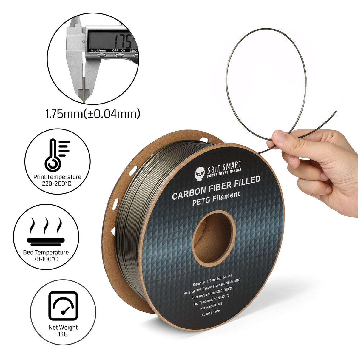 Black, Bronze Carbon Fiber PETG Filament, 1.75mm, Accuracy +/-0.04mm 1KG (2.2lbs) — photo 3 of 10