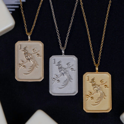 Sterling Silver Mahjong 1 Bam Bird Charm Necklace
