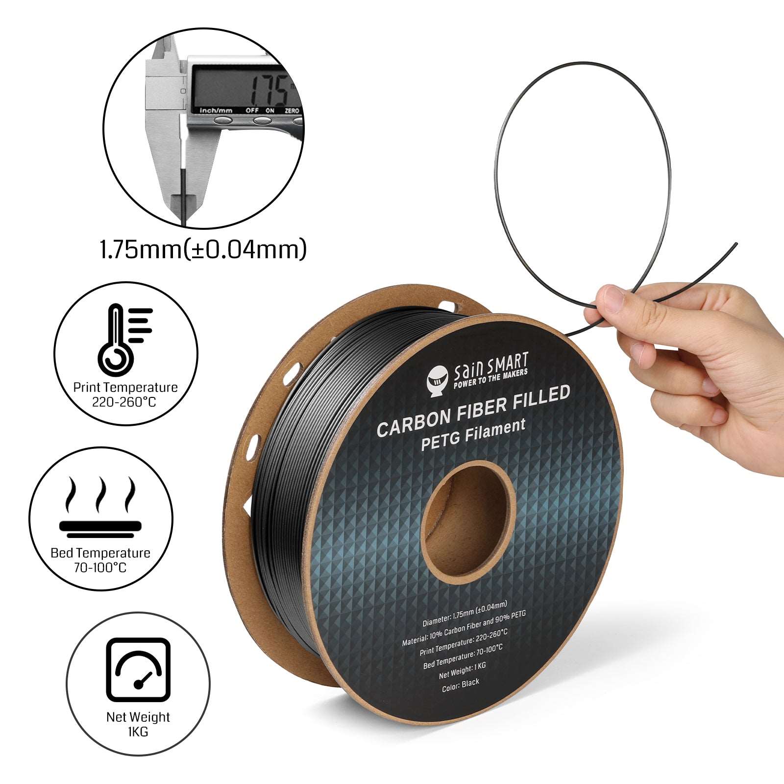 Black, Bronze Carbon Fiber PETG Filament, 1.75mm, Accuracy +/-0.04mm 1KG (2.2lbs) — photo 8 of 10