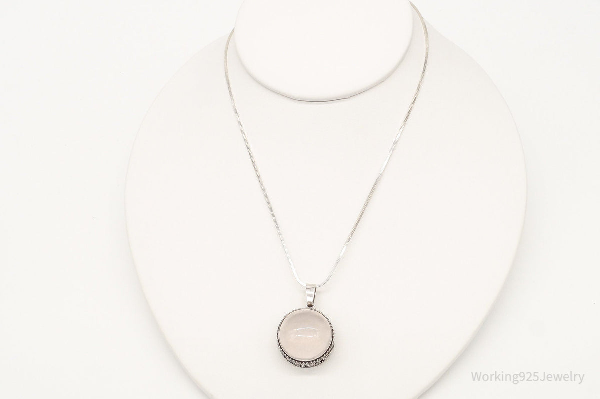 Vintage Large Rose Quartz Sterling Silver Necklace
