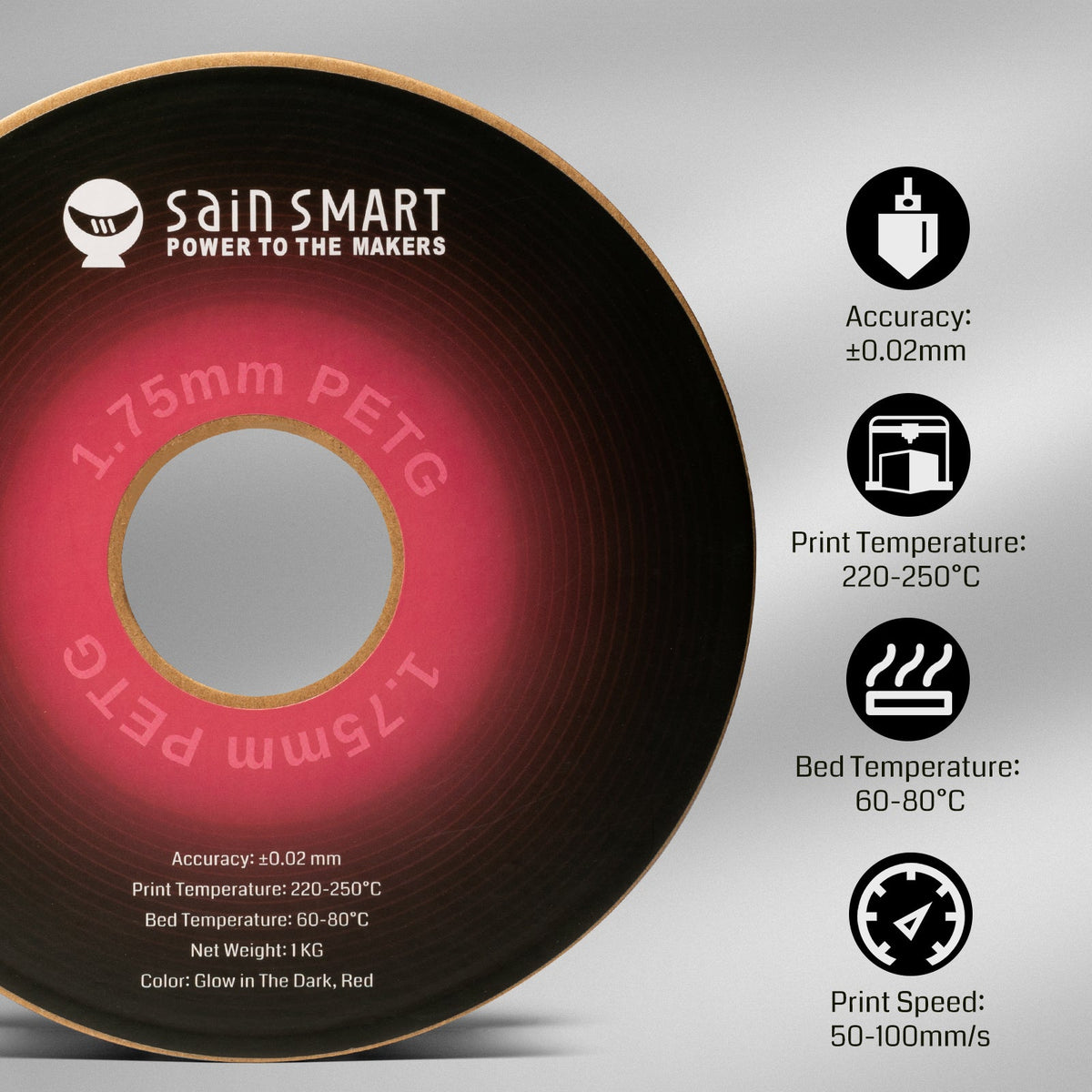 Glow-in-the-dark Red 1.75mm PRO-3 PETG Filament, 1kg — photo 4 of 7