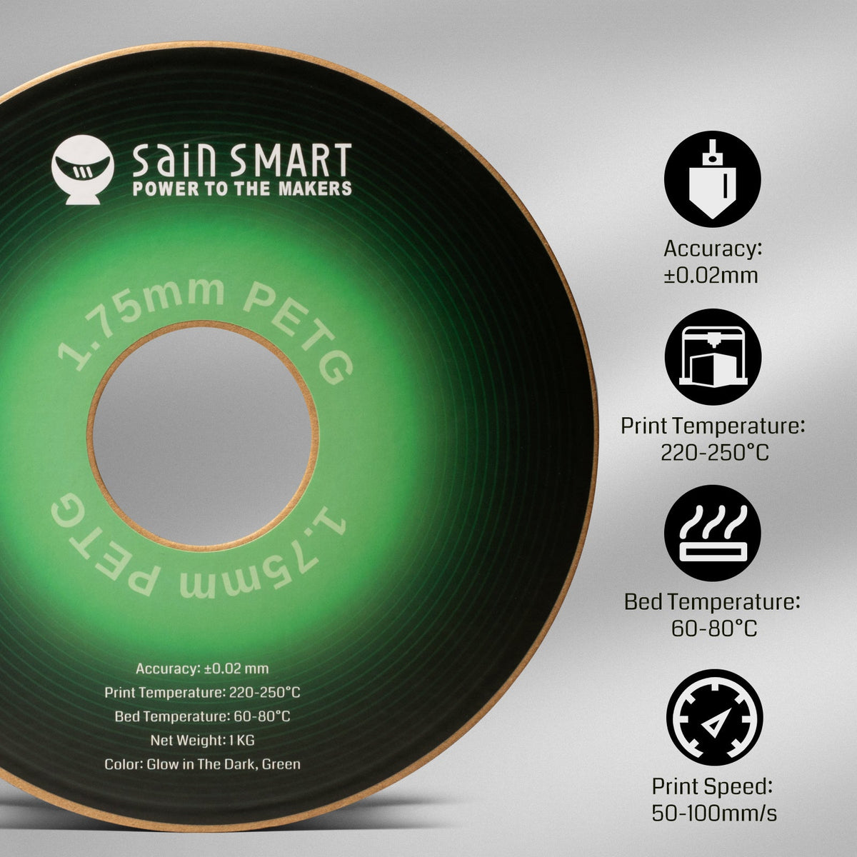 Glow-in-the-dark Green 1.75mm PRO-3 PETG Filament, 1kg — photo 4 of 7