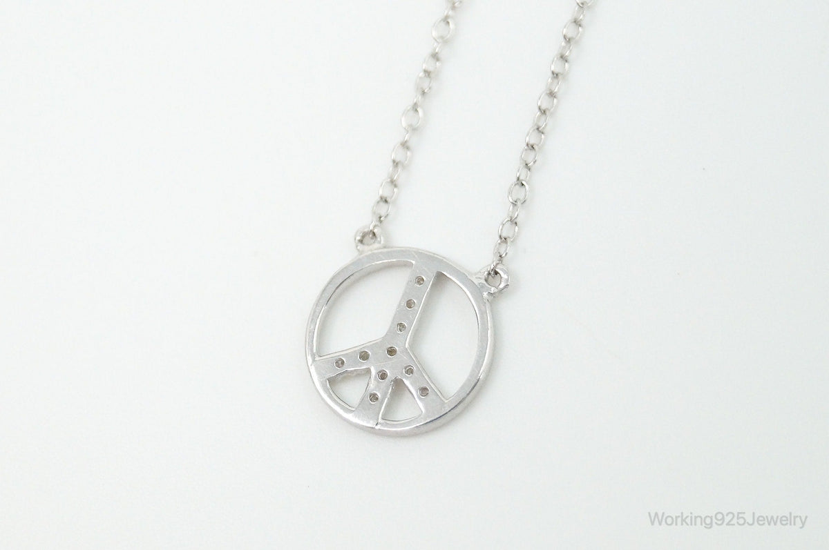 Vintage Cubic Zirconia Peace Sign Sterling Silver Necklace