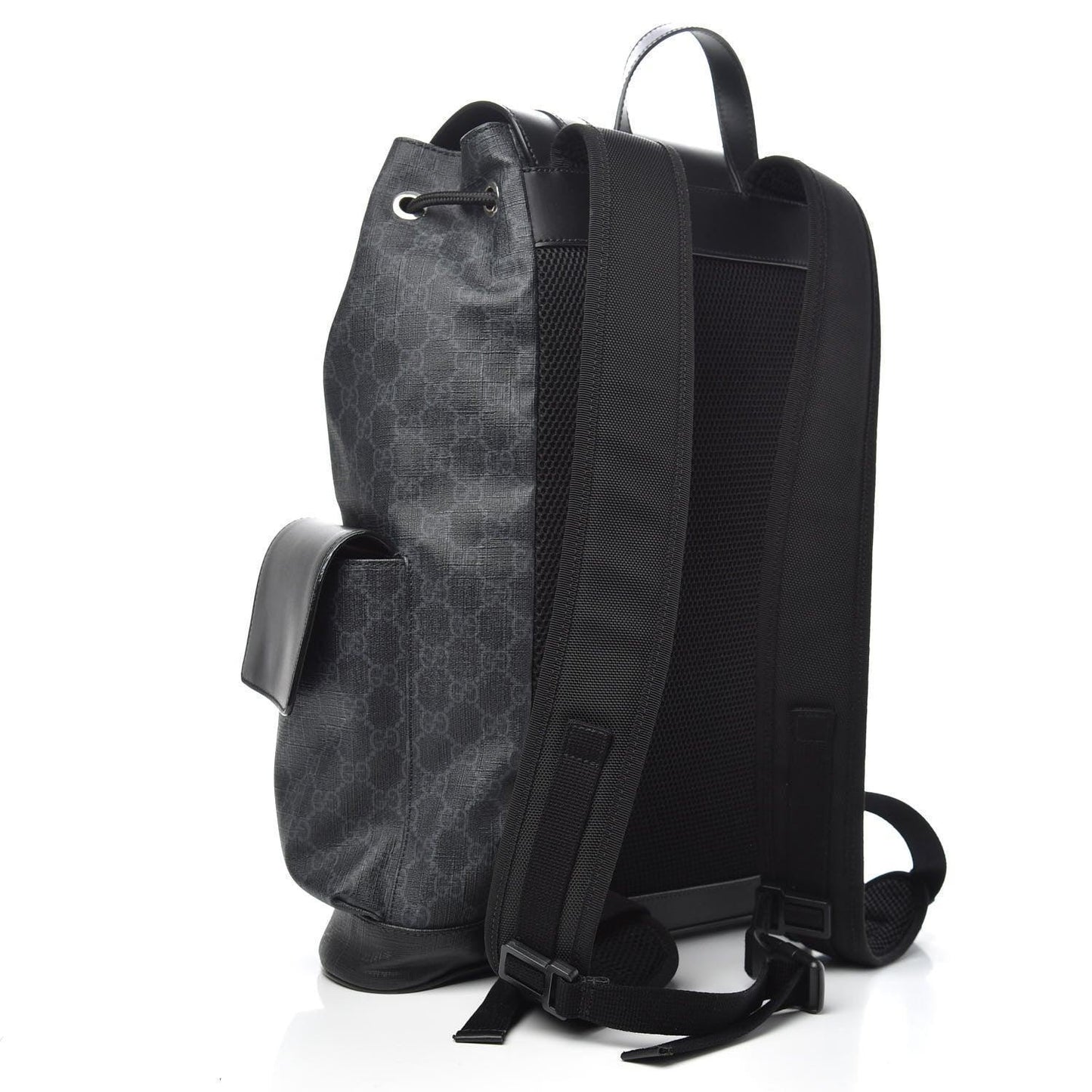 Gucci Soft GG Supreme Monogram Appia Calfskin Web Double Buckle Backpack Black
