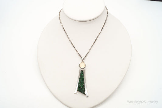 Vintage Moonstone Green Druzy Quartz Modernist Sterling Silver Necklace — photo 2 of 10