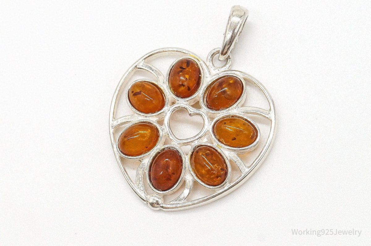 Vintage Amber Heart Modernist Sterling Silver Pendant