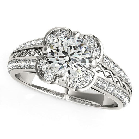 Round Diamond Floral Motif Engagement Ring in 14k White Gold (1 3/8 cttw) — photo 1 of 4
