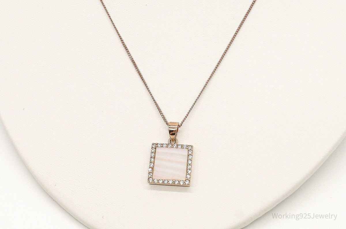 Pink Mother Of Pearl Cubic Zirconia Rose Gold Vermeil Sterling Silver Necklace