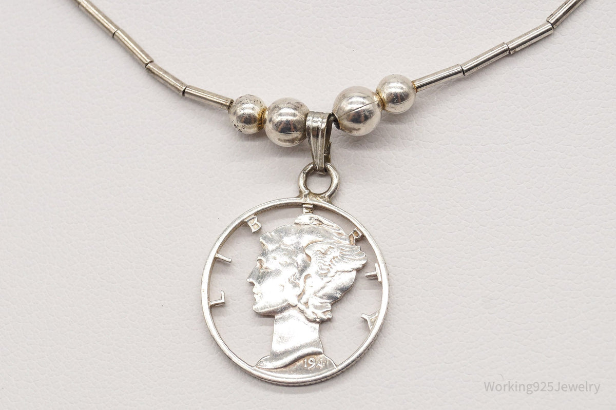 Vintage 1941 Mercury Dime Coin Cut Out Pendant Silver Necklace