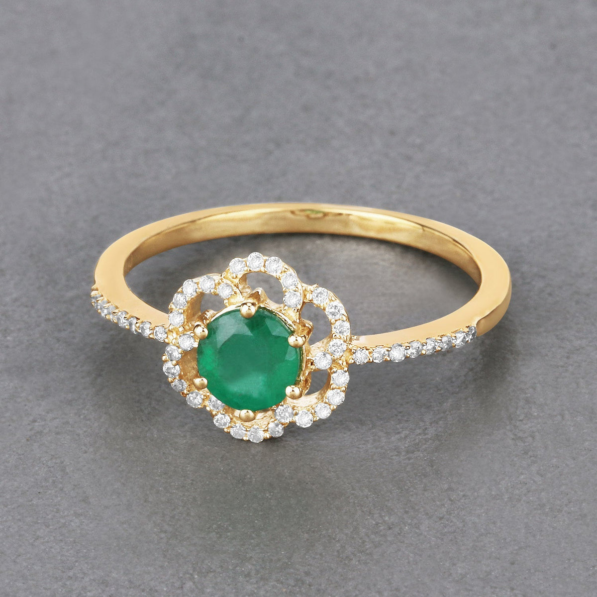 0.55 Carat Genuine Zambian Emerald and White Diamond 14K Yellow Gold Ring