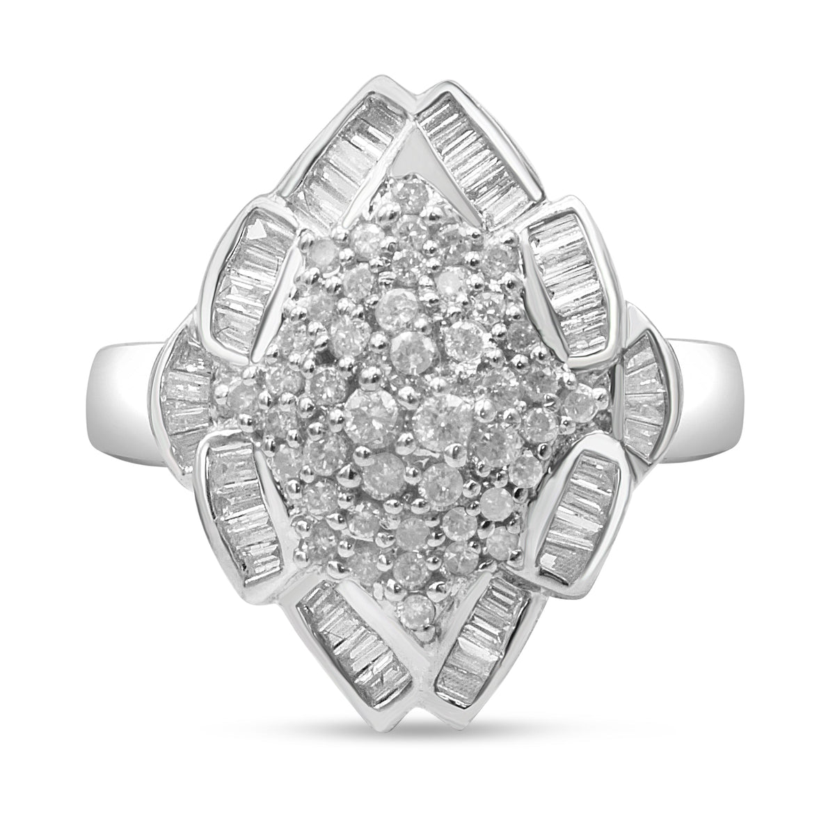 14K White Gold 7/8 Cttw Round and Baguette-Cut Diamond Cluster Ring (H-I Color, SI2-I1 Clarity) - Size 7