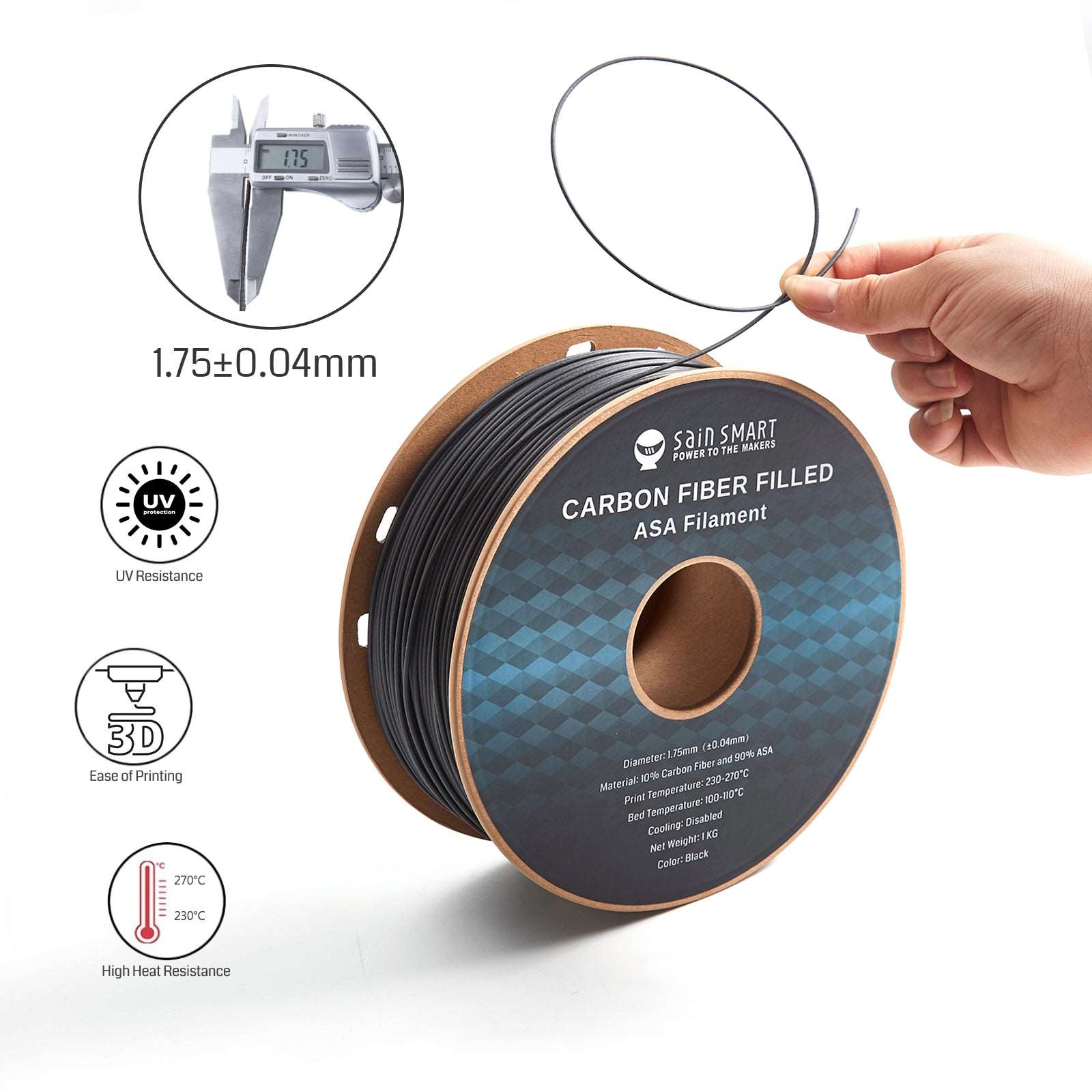 Carbon Fiber ASA Filament, 1.75mm Black, UV & Weather Resistant, Fit for Outdoor Functional Parts, 1kg, Accuracy +/- 0.04 mm — photo 2 of 6