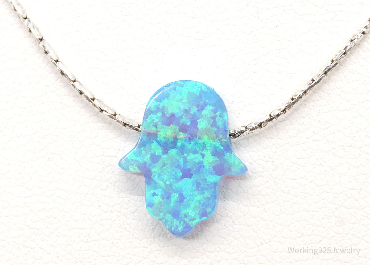 Vintage Blue Opal Hamsa Hand Sterling Silver Necklace