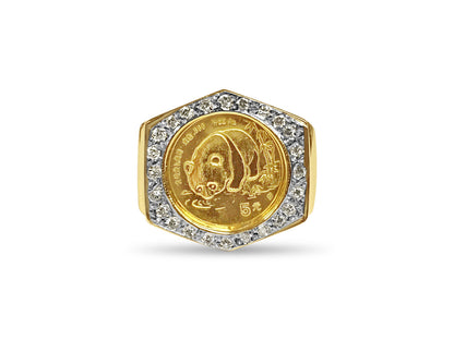 Diamond Fancy Solid White/Yellow/Rose Gold Handmade Coin Ring , Chinese Panda Bear Coin ,