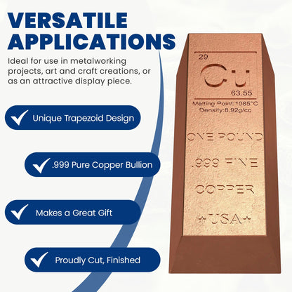 1 Pound Copper Bullion Bar Ingot Paperweight - 999 Pure Chemistry Element Design with Certificate of Authenticity