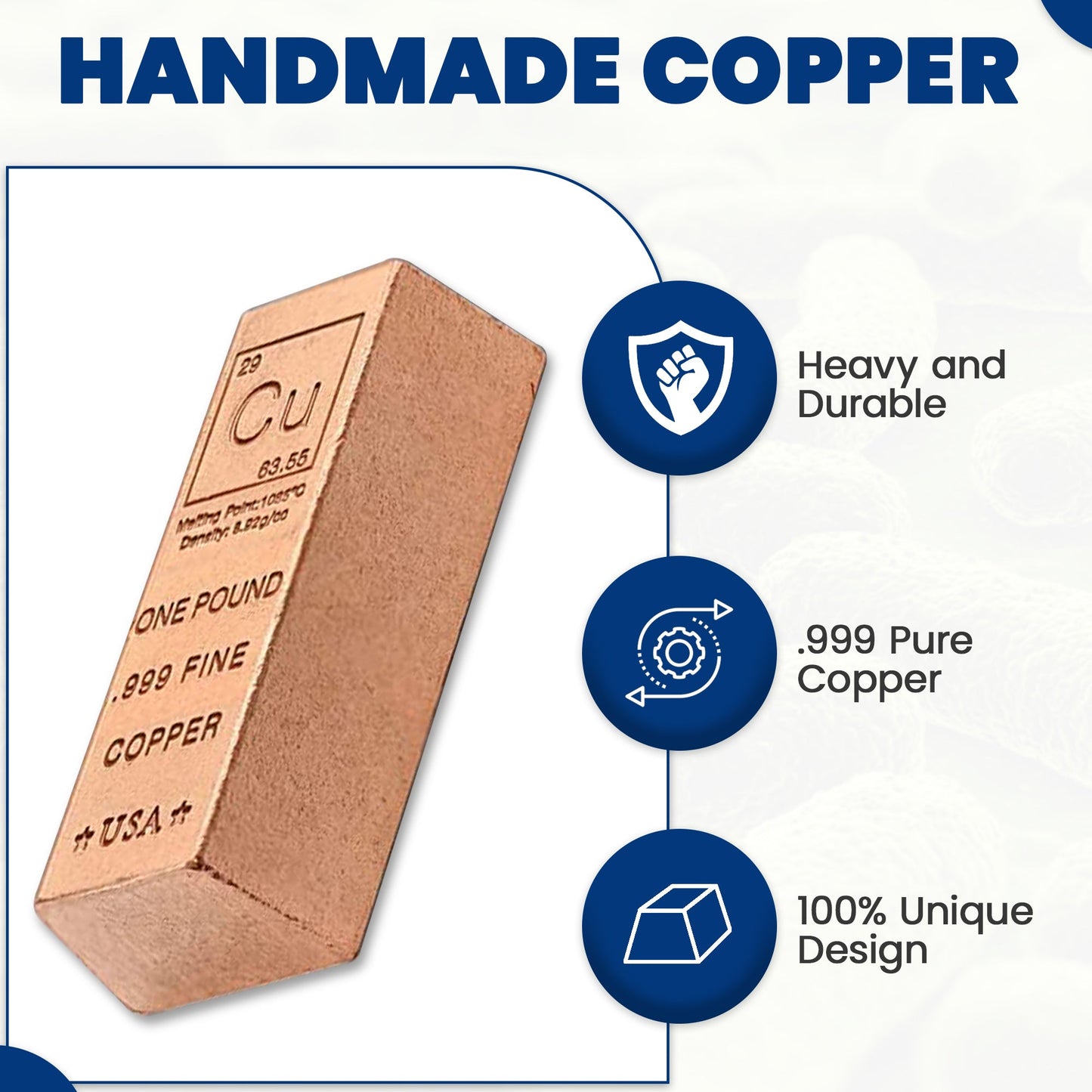 1 Pound Copper Bullion Bar Ingot Paperweight - 999 Pure Chemistry Element Design with Certificate of Authenticity